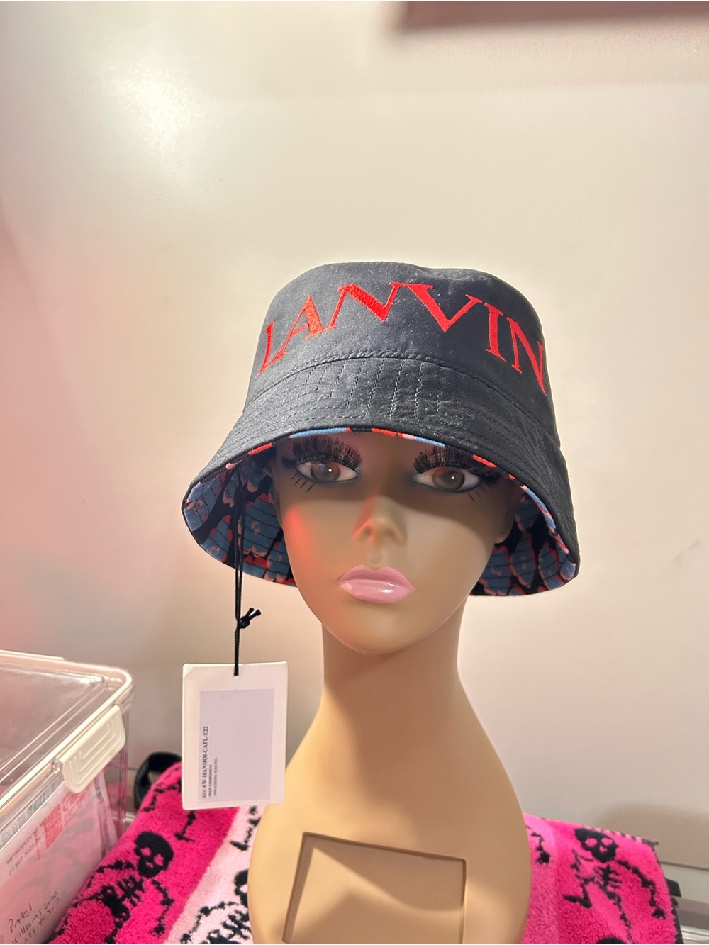 Lanvin Black Bucket Hat with Blue Floral Brim and Red Logo
